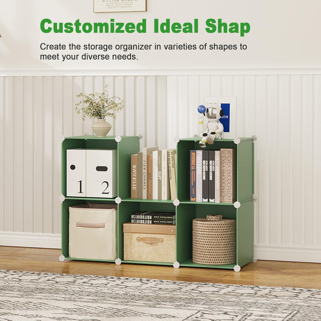 C&AHOME 6-Cube Storage Organizer, Stackable Storage Cubes Shelves, Portable Bookshelf, Plastic Clothing Storage Closet Organizer, DIY Modular Shelving Units for Wardrobe, Home, Green