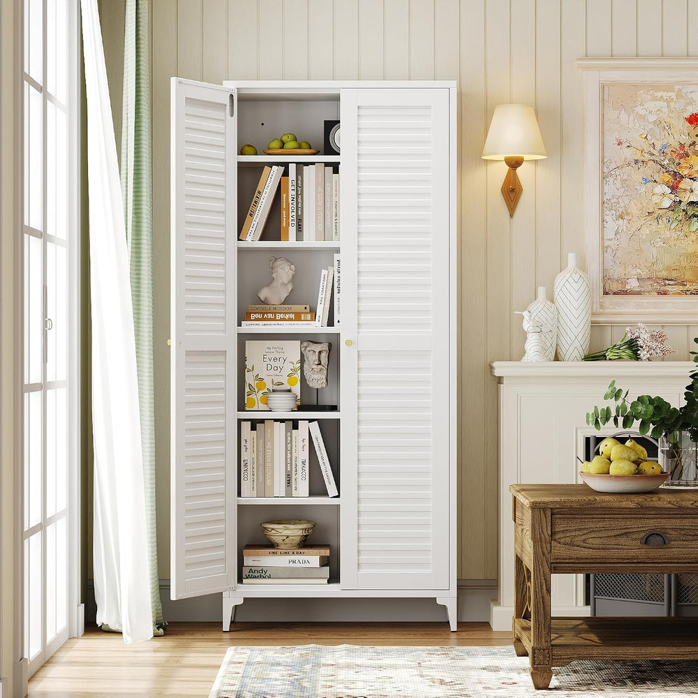 74" H Tall Kitchen Pantry Cabinet with Louvered Doors, Metal Storage Cab...