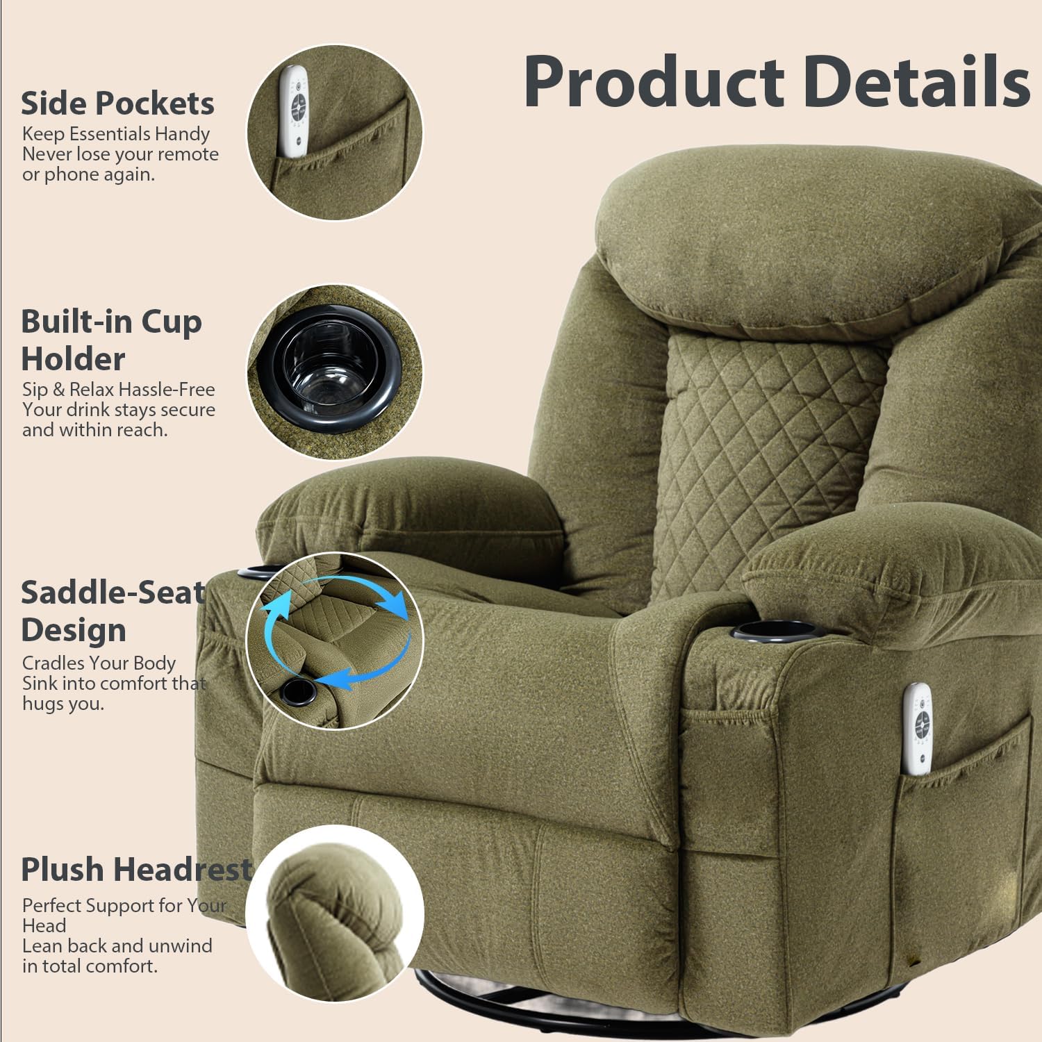 Oversized Massage Swivel Rocker Recliner Nursery Rocking Glider Chair Green | Fabric Manual Recliner with Heat Massage, Overstuffed, Cup Holders, USB Charging Port, Nursery Glider Chair