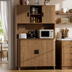 Lulive Kitchen Pantry Cabinet with Charging Station, Walnut | Rolling & Sliding Doors, Adjustable Shelves, Open Countertop, Wine Glass Rack, Modern Storage Cabinet for Dining Room