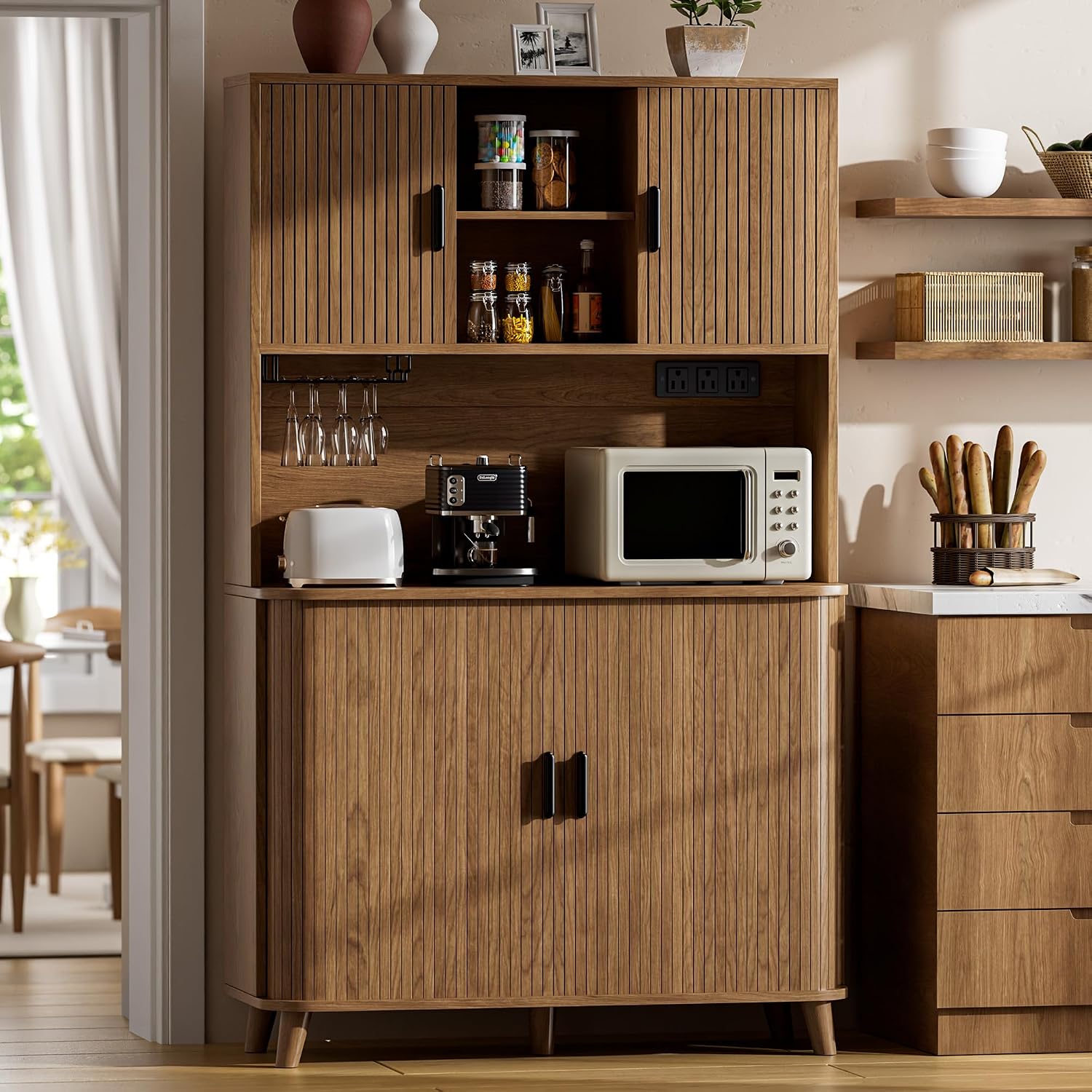 Lulive Kitchen Pantry Cabinet with Charging Station, Walnut | Rolling & Sliding Doors, Adjustable Shelves, Open Countertop, Wine Glass Rack, Modern Storage Cabinet for Dining Room