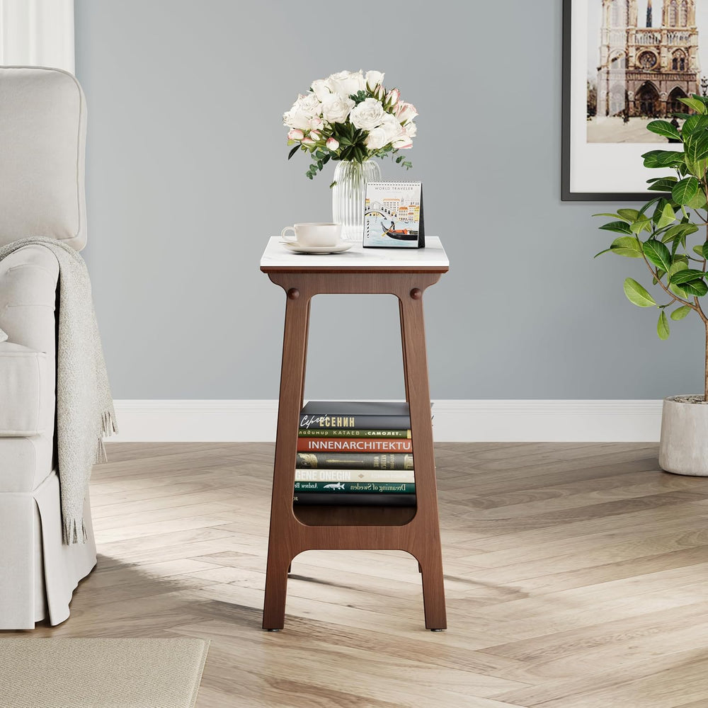 Skinny Side Table Slim Nightstand with Storage Shelf and Marble Top, Farmhous...