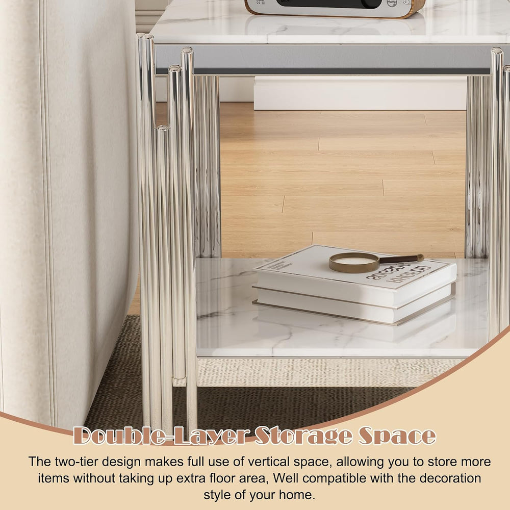 19" White Marble Side Table, 2-Tier Square Modern End Table with Silver ...