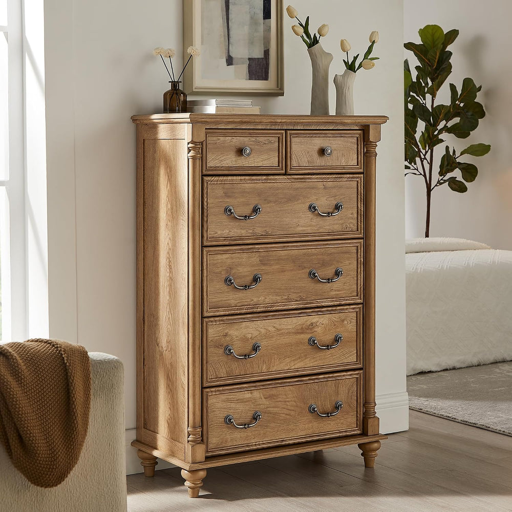 T4TREAM Farmhouse 6-Drawer Dresser with Solid Wood Feet, Light Tree Knot