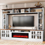 95.5" W Wall Unit Entertainment Center with Bookshelves for TVs up to 80", Modern TV Stand Media Console with Electric Fireplace Cabinets, Adjustable Shelves for Living Room (White+Walnut/F)