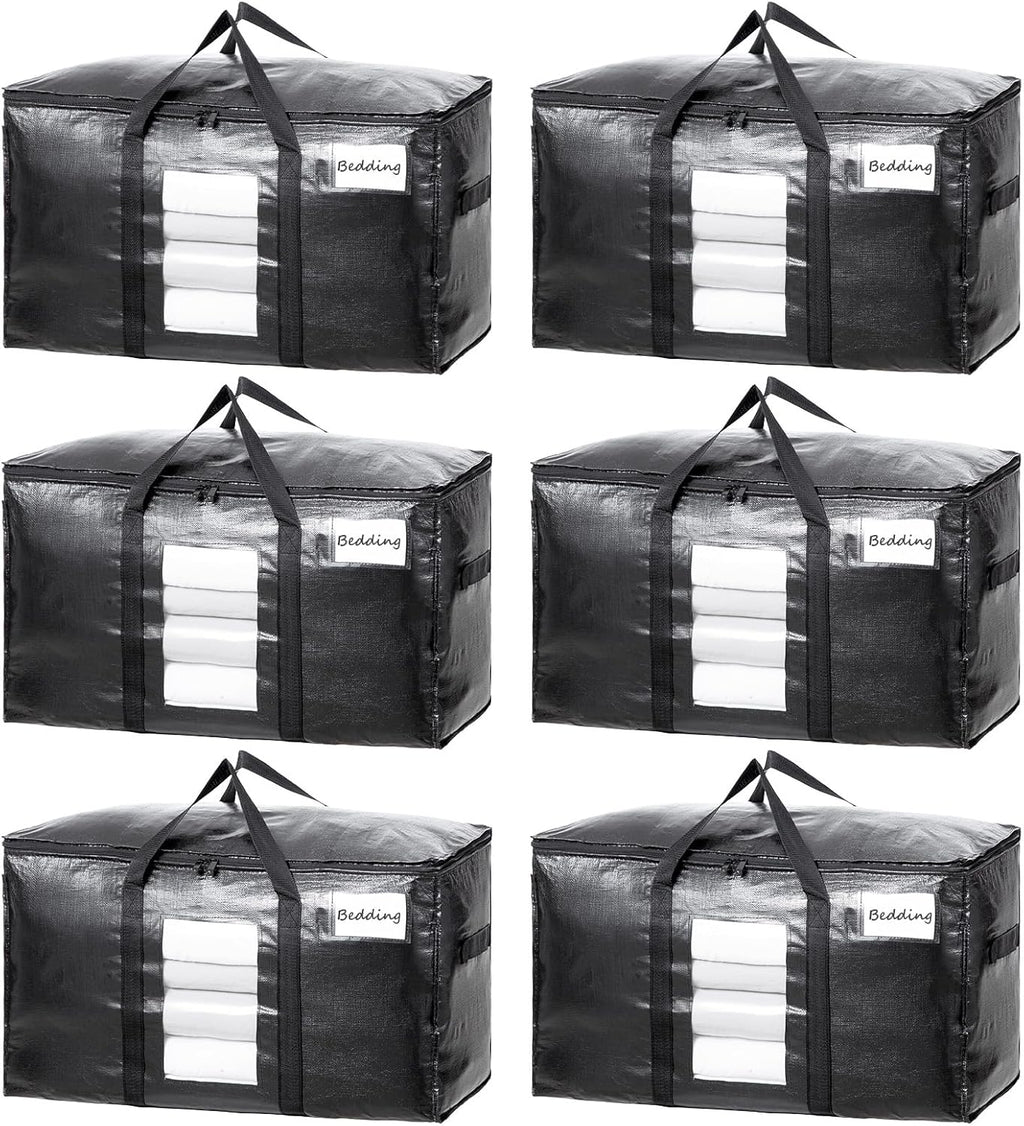 TAILI Extra Large Moving Bags, 6 Pack Black Heavy Duty Totes for Storage with Visible Window, Wrap Around Handles, Storage Bags for Space Saving, Alternative to Moving Boxes
