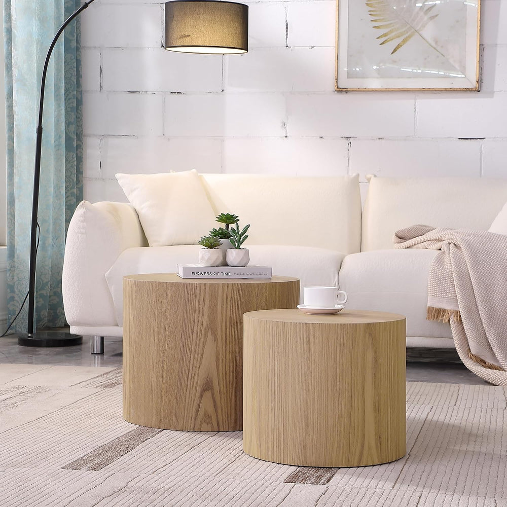 Black Round Nesting Coffee Table Set of 2, Modern Wood Side Table Full Assemb...