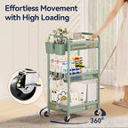 YASONIC 3 Tier Rolling Cart – Metal Utility Storage Carts with Wheels, Craft Carts Organizer with Hanging Cups, Hooks, Mesh Basket for Bedside Kitchen Office Art, Green