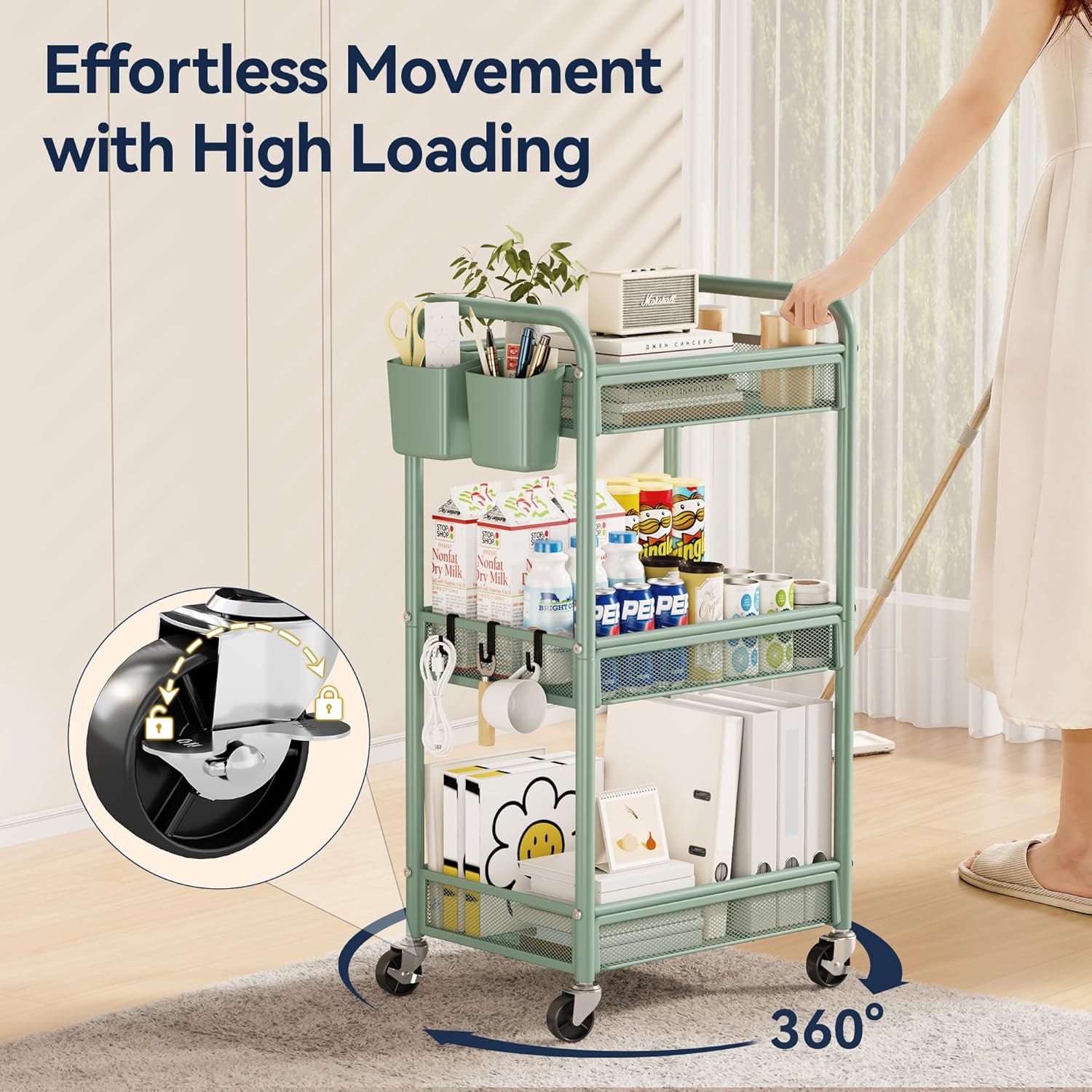 YASONIC 3 Tier Rolling Cart – Metal Utility Storage Carts with Wheels, Craft Carts Organizer with Hanging Cups, Hooks, Mesh Basket for Bedside Kitchen Office Art, Green
