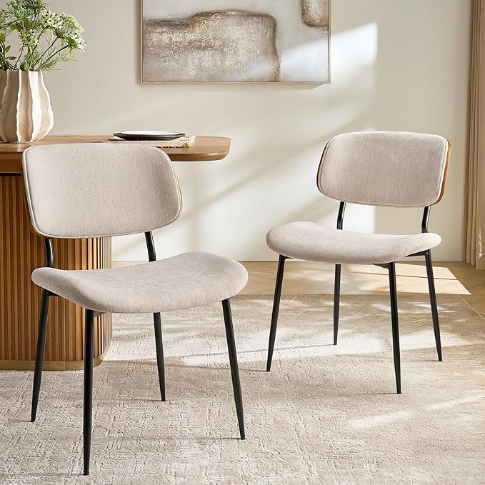 HULALA HOME Dining Chairs Set of 2 Mid-Century Modern Upholstered Kitchen Dining Room Chairs with Wood Curved Backrest, Black Metal Legs Fabric Dinner Chair for Living Room Cafe Restaurant Linen