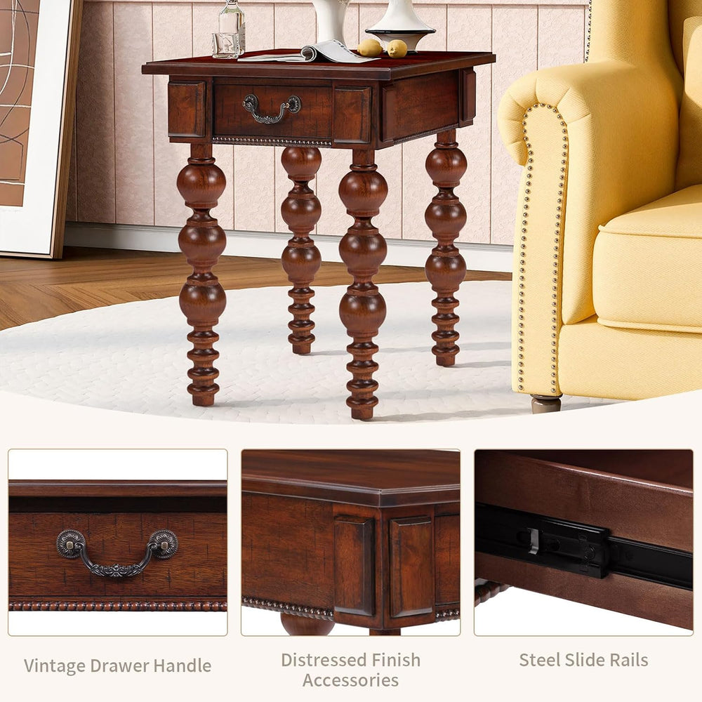 LKTART Wood End Table, Vintage Narrow Sofa Side Table with Storage Drawer, Be...