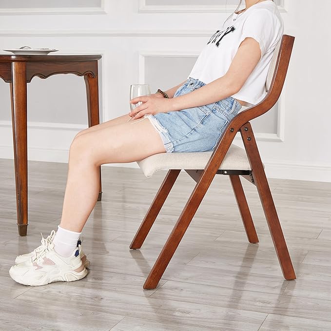Ball & Cast Upholstered Folding Dining Chairs Set of 2, Foldable Wooden Chair 2-Pack, Portable Office Meeting-Chair for Kitchen Outdoor Activity, Easy Carry & Storage, Cherry+Cream