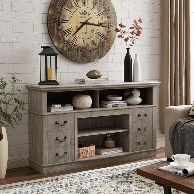 TV Stand for 65" TV: Rustic Drawer-Like TV Cabinet | Tall Farmhouse Media Entertainment Center with Storage Console and Adjustable Shelves for Living Room - Light Gray