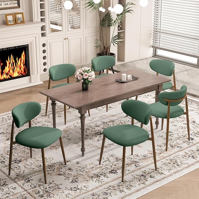 Dining Chairs Set of 6, Curved Back Kitchen Room Chairs with Metal Legs and Anti Slip Pads, Upholstered Dining Chair for Home and Restaurant, Green