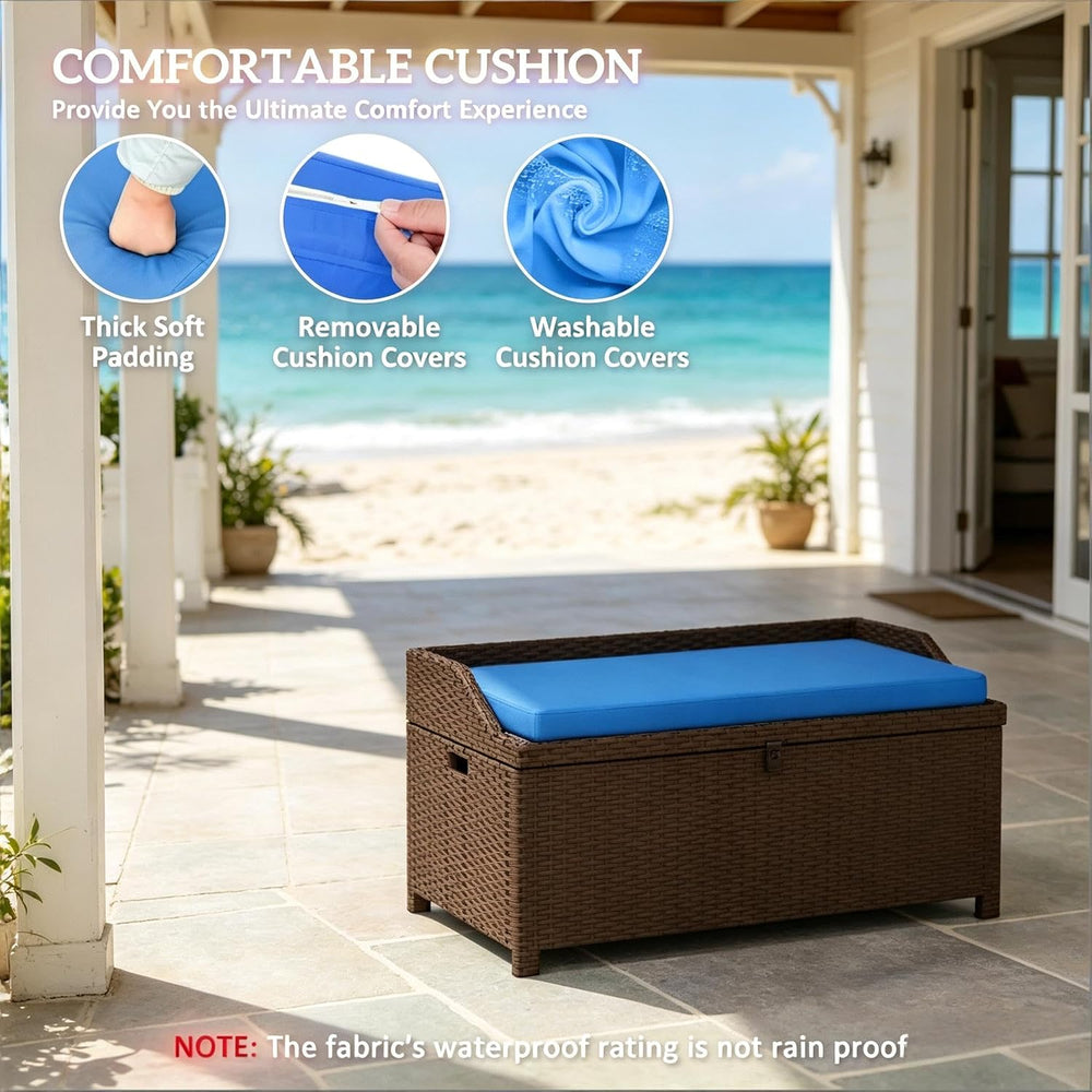 2-in-1 Outdoor Wicker Storage Bench with Cushion - 34 Gallon Patio Deck Box w...