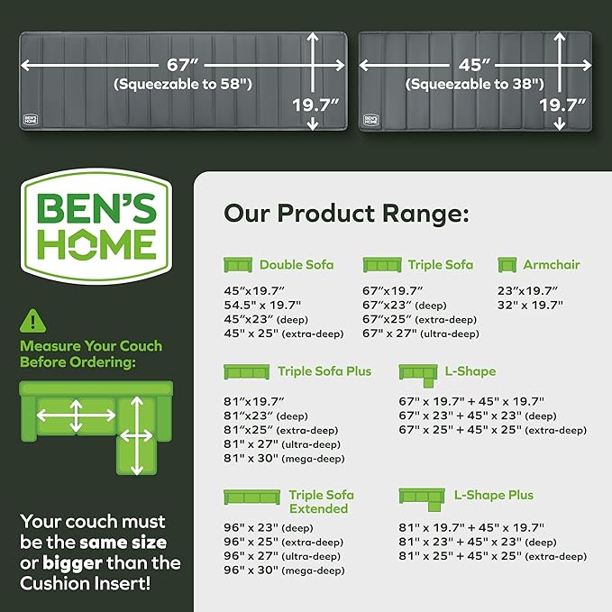 BEN'SHOME® Sectional Couch Cushion Support for fix Sagging Seats - Heavy Duty Solid Wood Sofa Support Board | 67"+45" x 19.7" Under Cushion Insert Set | Non-Slip Furniture Saver | 400 LB Capacity Each