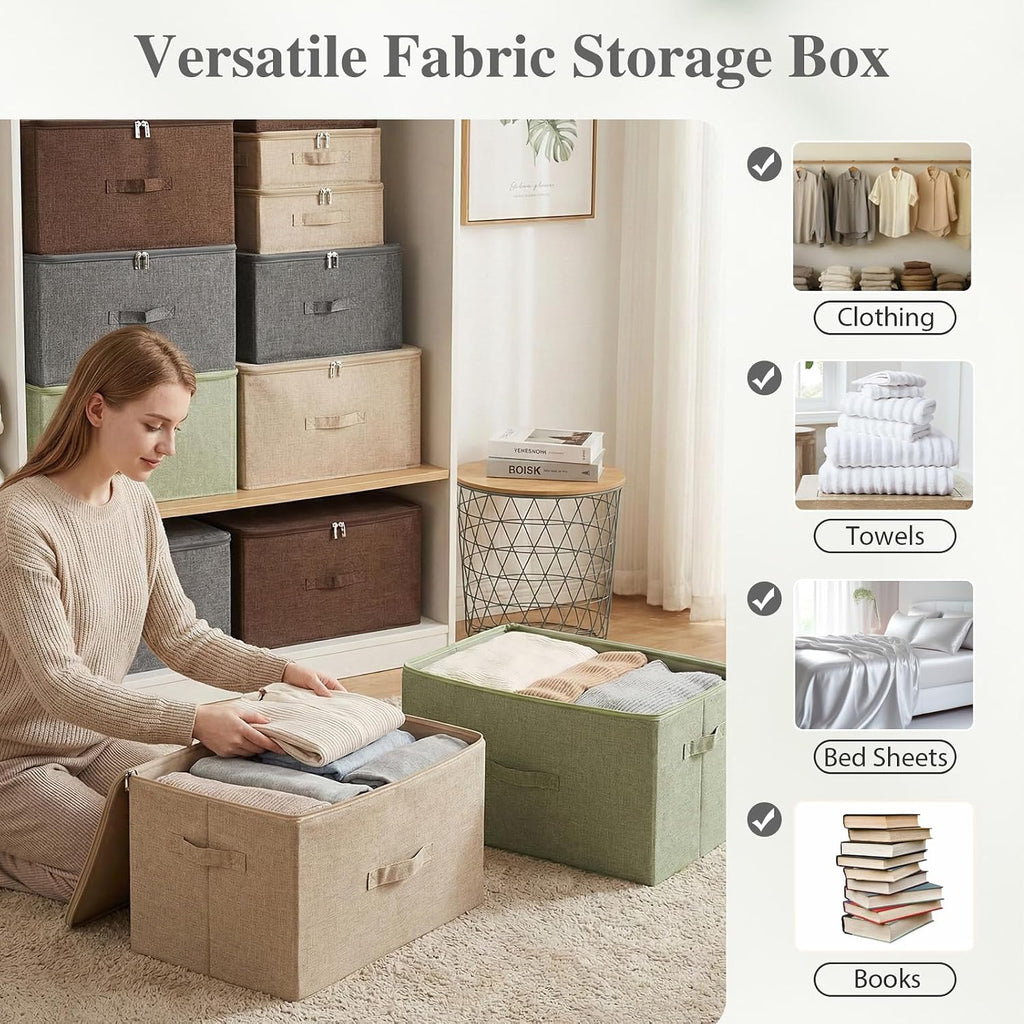 ANMINY Fabric Storage Bins with Zipper Lids, 15"x10"x6", Gray, 1 PCS | 15.6Qt Cotton Linen Storage Box, PP Board Frame, Washable Collapsible, with Handles & 3-side Open Lid, Stackable, Small
