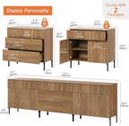 WAMPAT Fluted TV Stand for TVs up to 100", 3 in 1 Modern Entertainment Center with Storage Cabinets and 5 Drawers & 4 Doors,Wood Media TV Console Table with Storage for Living Room, Light Walnut