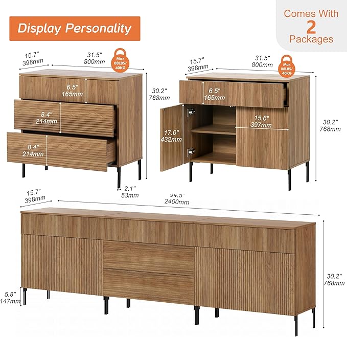 WAMPAT Fluted TV Stand for TVs up to 100", 3 in 1 Modern Entertainment Center with Storage Cabinets and 5 Drawers & 4 Doors,Wood Media TV Console Table with Storage for Living Room, Light Walnut