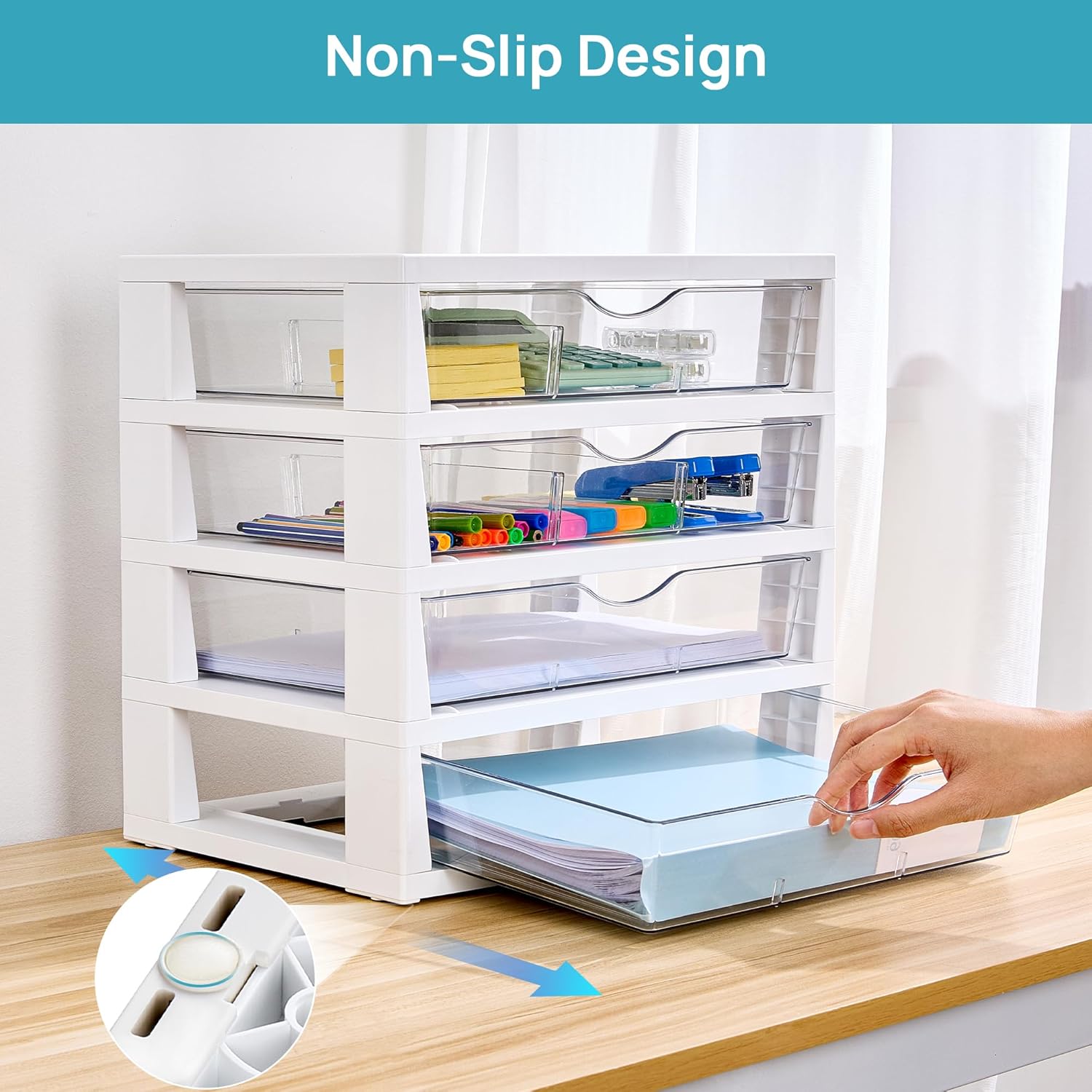 Vtopmart Clear Desk Organizer, 4-Tier Assemble Desktop File Organizer with Drawers, Office Desk Organization for Office Supplies