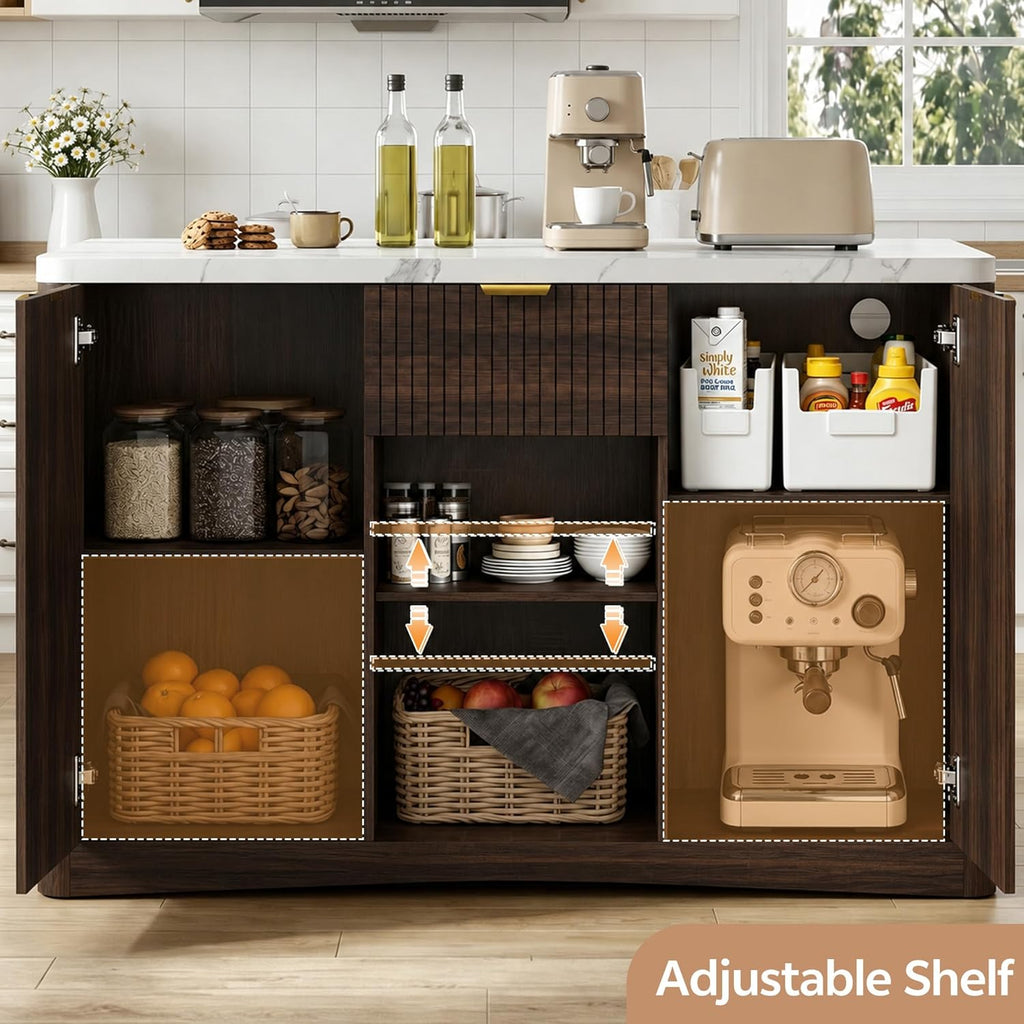 Marble Top Kitchen Island, 47.2" W Kitchen Island on Wheels Islands Table with Power Outlet Rolling Coffee Bar Cart with Buffet Cabinet & Drawer for Dining Room Breakfast Bar Table - Walnut