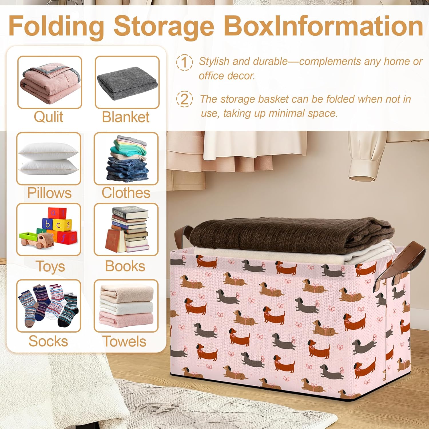 Storage Bin with Handles, Dachshund Collapsible Laundry Baskets for Books, Laundry - Use in Nursery, Closet Organizers and Storage, Blanket Basket