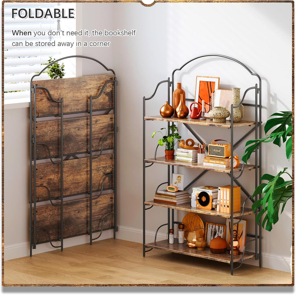 4NM No Assembly Folding Bookshelf for Living Room, 4 Tiers Collapsible Book Shelves Open Industrial Foldable Bookcase Storage Shelf for Home Office - Rustic Brown Black