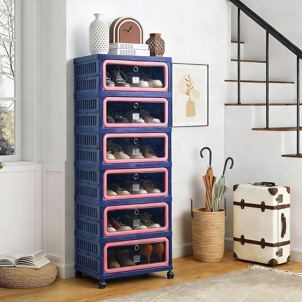 SAYMA Foldable Shoe Rack Organizer, Collapsible Shoe Cabinet with Magnetic Clear Door, Large Plastic Folding Shoe Cabinet, Easy Assembly Shoe Shelves Organizer for Entryway, 6 Tiers-12Pairs