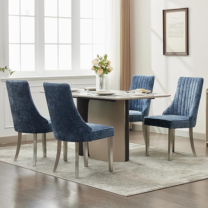 Navy Mid Century Dining Chairs Set of 6, Modern Kitchen & Dining Room Chairs Set of 6, Chenille Fabric Upholstered Kitchen Chairs, Sillas de Comedor, Silver Legs (Blue, 6 Pcs)