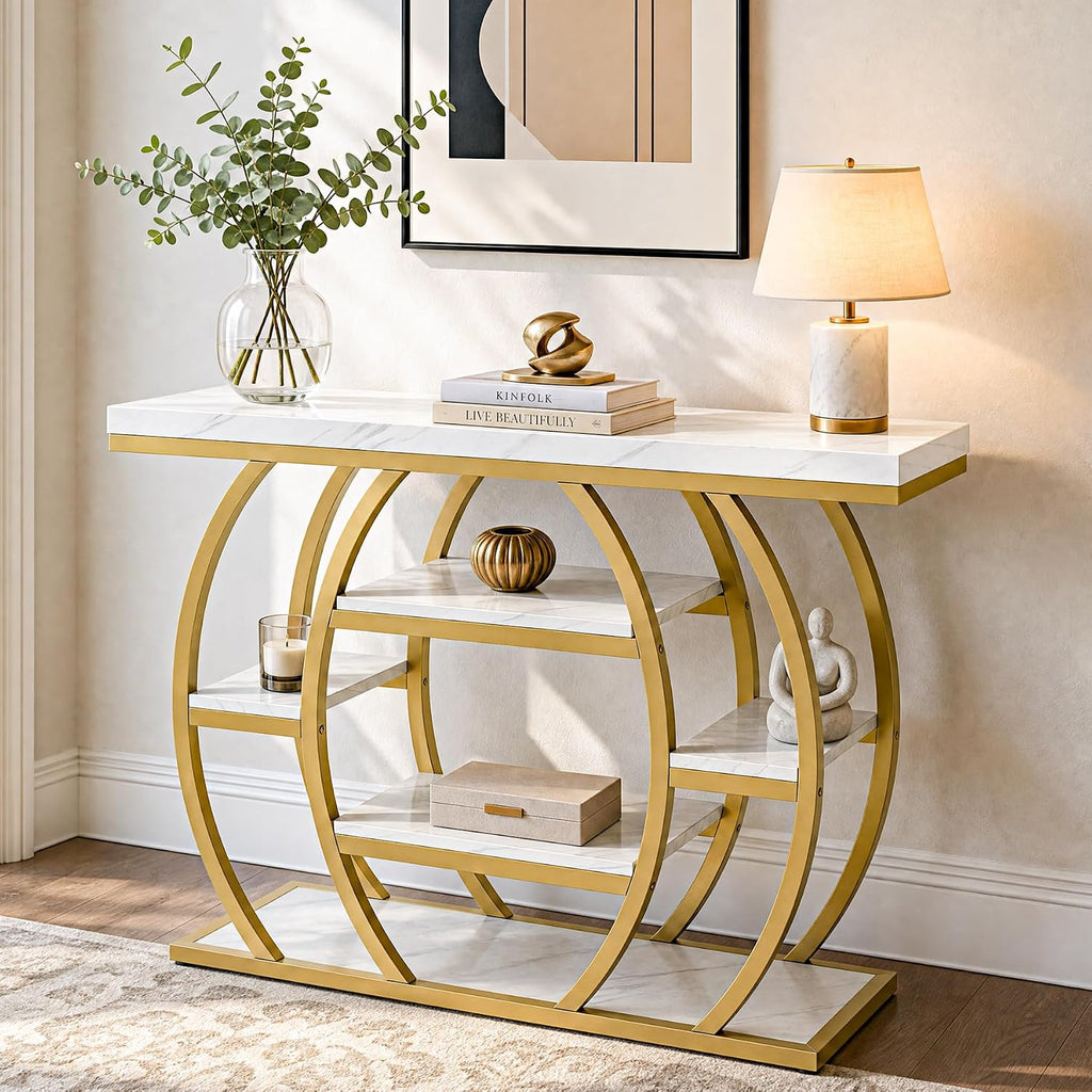 Tribesigns Modern Console Table, 41.3" Narrow Entryway Table with Storage Shelves & Faux Marble Top, 5-Tier Sofa Tables Behind Couch with Arched Metal Frame for Living Room, Hallway (Gold & White)