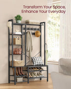 VASAGLE Hall Tree with Bench and Shoe Storage, Entryway Coat Rack with Shoe Bench, 5 Storage Shelves, 9 Coat Hooks, 6 Side Hooks, 15.7 x 47.2 x 74.8 Inches, Stone Gray and Ink Black UHSR426B04