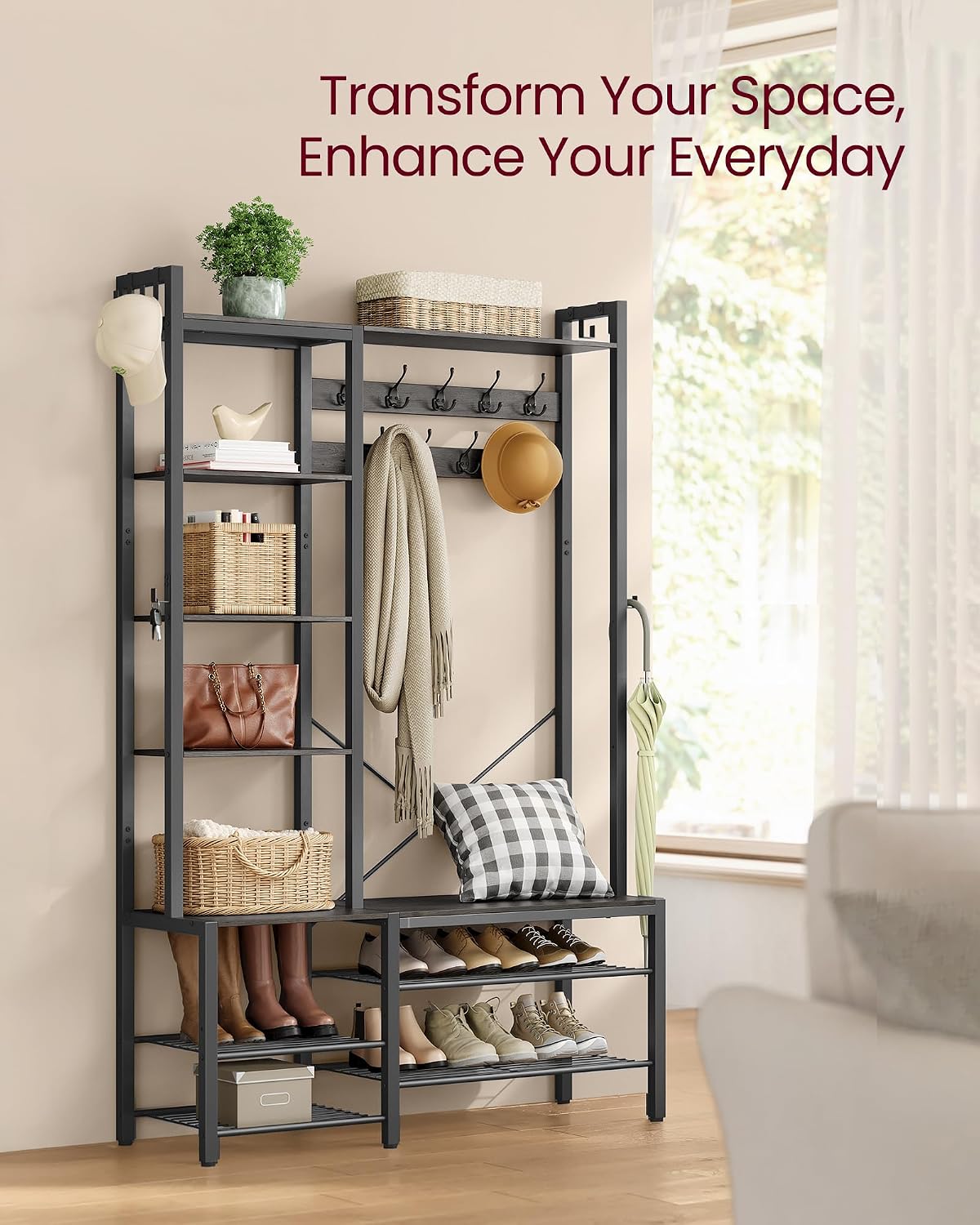 VASAGLE Hall Tree with Bench and Shoe Storage, Entryway Coat Rack with Shoe Bench, 5 Storage Shelves, 9 Coat Hooks, 6 Side Hooks, 15.7 x 47.2 x 74.8 Inches, Stone Gray and Ink Black UHSR426B04