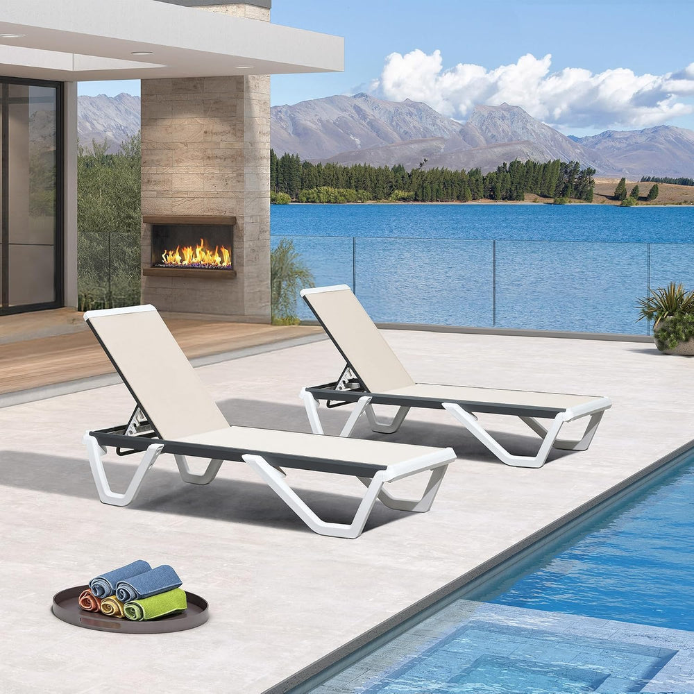 PURPLE LEAF Lounge Chair Outdoor Set of 2 Chaise Lounge w/Wheels, Khaki | Qui...