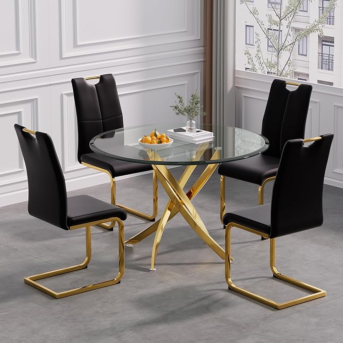 Goujxcy Dining Chairs Set of 2, Modern High Back Kitchen Chairs with Metal Legs and Faux Leather Padded Seat Upholstered Dining Chairs for Dining & Kitchen,Living Room (Black&Gold, Set of 2)