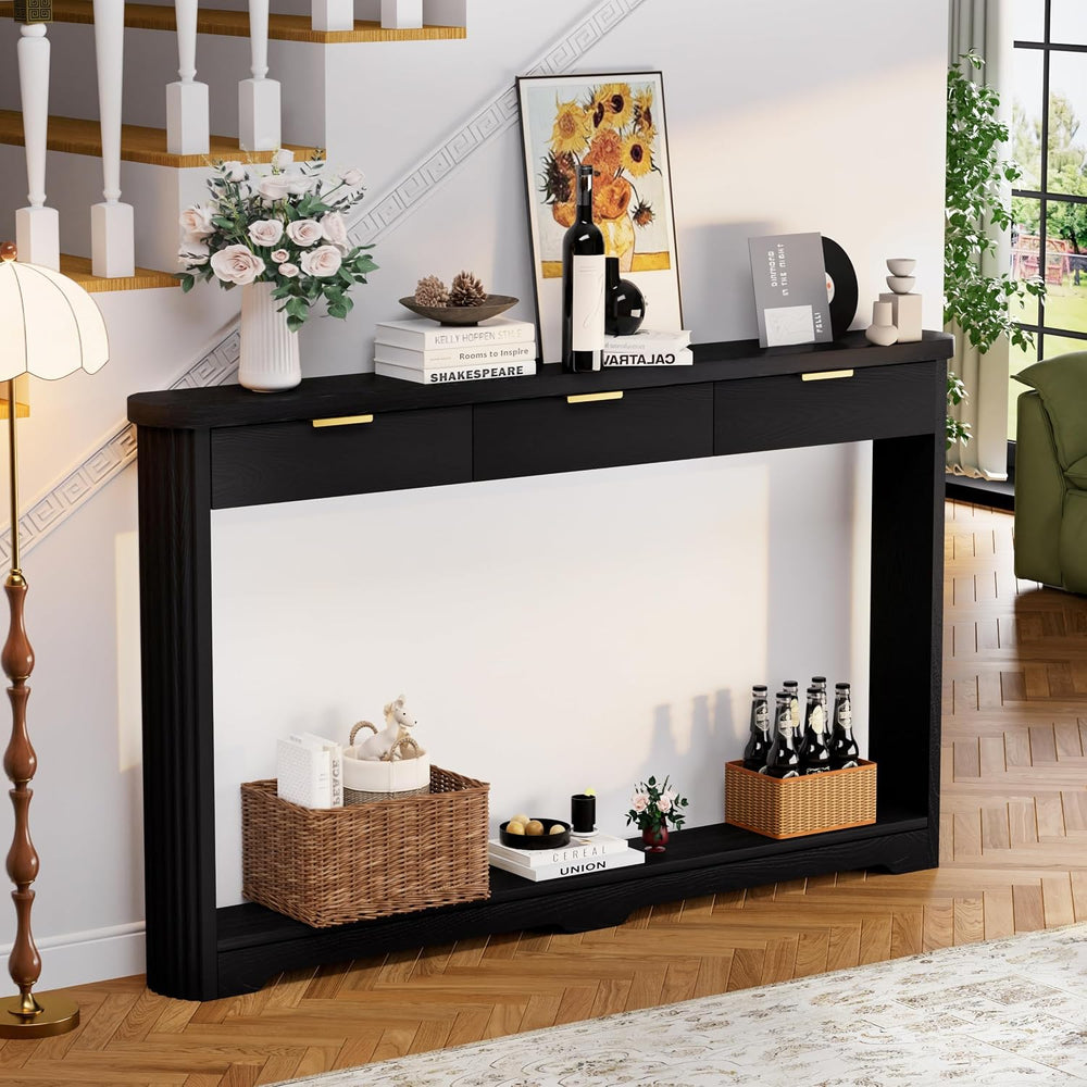 70" Slim Wooden Side Table, Wavy-Patterned Storage Table with 3 Drawers,...