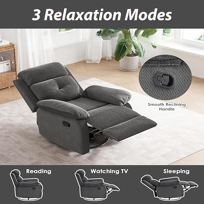 Swivel Rocker Recliner with 360 Degree Swivel, Small Recliners with 30 Degree, 90-150 Degree Angle, Lift Chair for Home Theater Seating, Adults, Living Room, Bedroom, Nursery, Dark Gray