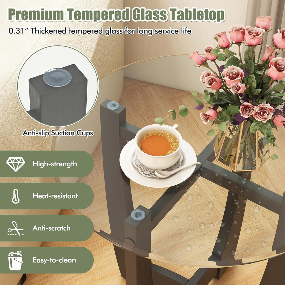 Giantex Glass End Tables Set of 2, Round Side Tables with Rubber Wood Frame &...