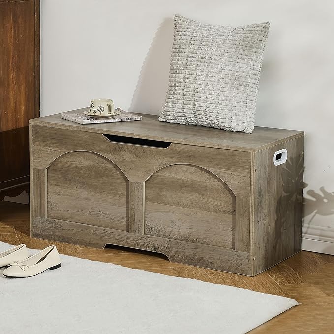 Storage Chest, 31.5" Retro Wooden Storage Bench, Entryway Storage Trunk, Supports 330 lb, Upgraded Safety Lift Support Hinge, Entryway Bench, U-Shaped Opening for Entryway Living Room, Grey