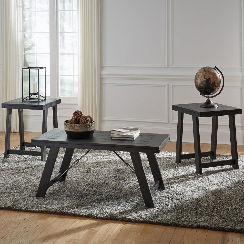 Signature Design by Ashley Farmhouse 3-Piece Table Set, Black Wash | Acacia v...