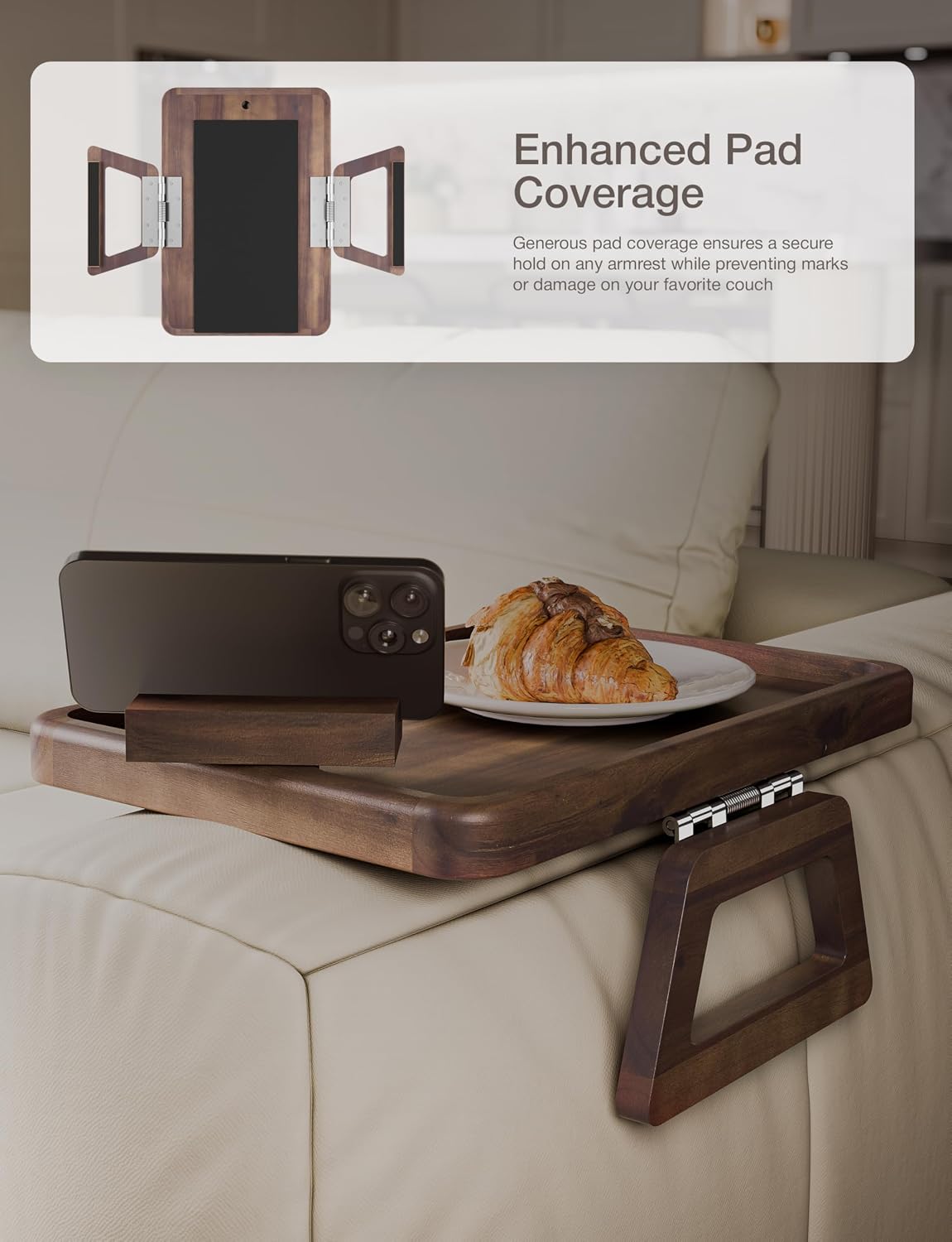 Tinamo Acacia Sofa Arm Tray, Couch Armrest Table with 360° Phone Holder - Armchair Caddy, 2-in-1 Couch Holder Tray - Sofa Arm Table for Home Living Room - No Assembly Required (Walnut Color)