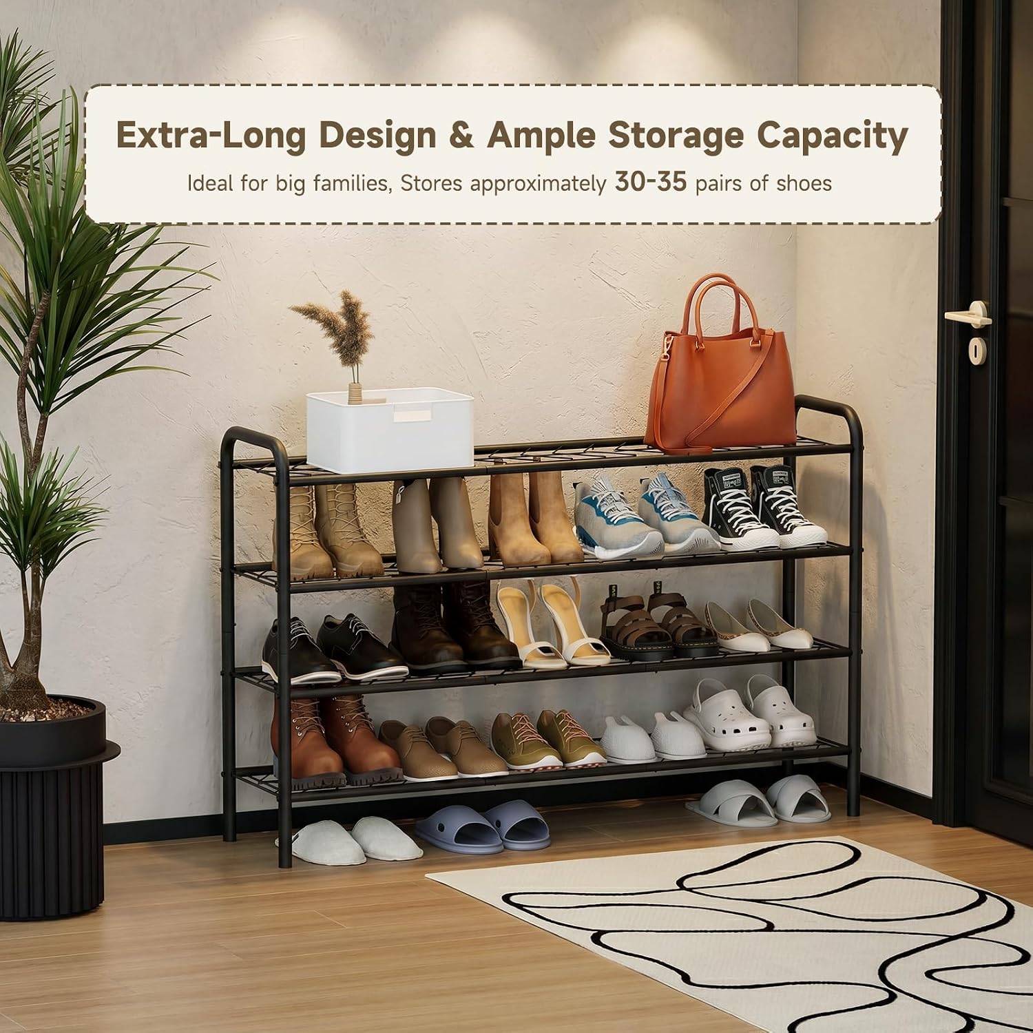 Shoe Rack,Long Shoe Organizer for Closet,4 Tier Shoe Storage for Entryway | Wide Sturdy Metal Free Standing Shoe Shelf