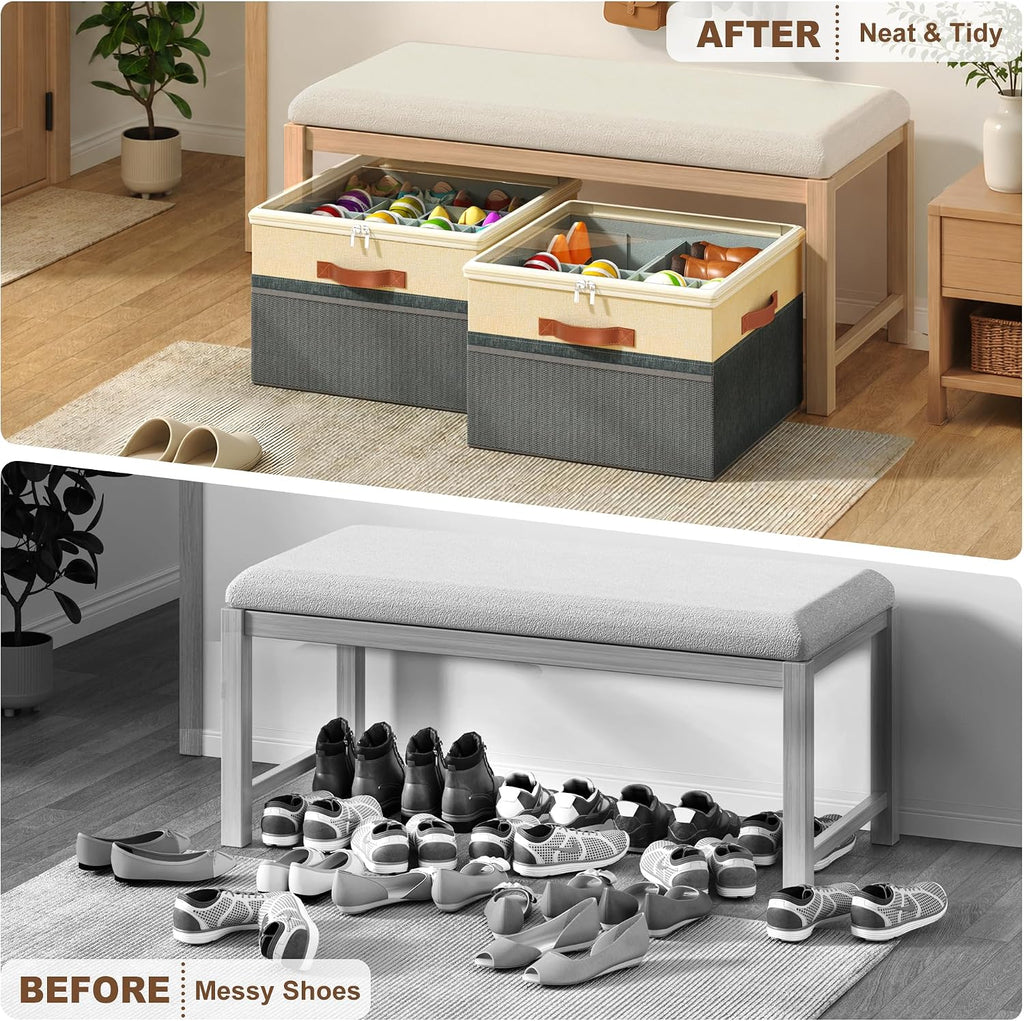 Shoe Organizer for Closet, 2 Pack Foldable Shoe Storage Organizer Box Bin with Adjustable Dividers and Clear Cover, Fits up to 16-32 Pairs（Grey&Beige）