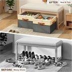 Shoe Organizer for Closet, 2 Pack Foldable Shoe Storage Organizer Box Bin with Adjustable Dividers and Clear Cover, Fits up to 16-32 Pairs（Grey&Beige）