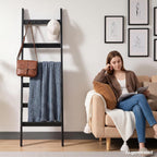 TEAKMAMA 6-Tier 5.4ft Blanket Ladder with Hooks Farmhouse Black | Wall Leaning Solid Wood Quilt Rack, Scratch & Slip Resistant, Living Room Bedroom Bathroom, Christmas Decor, Quick Setup