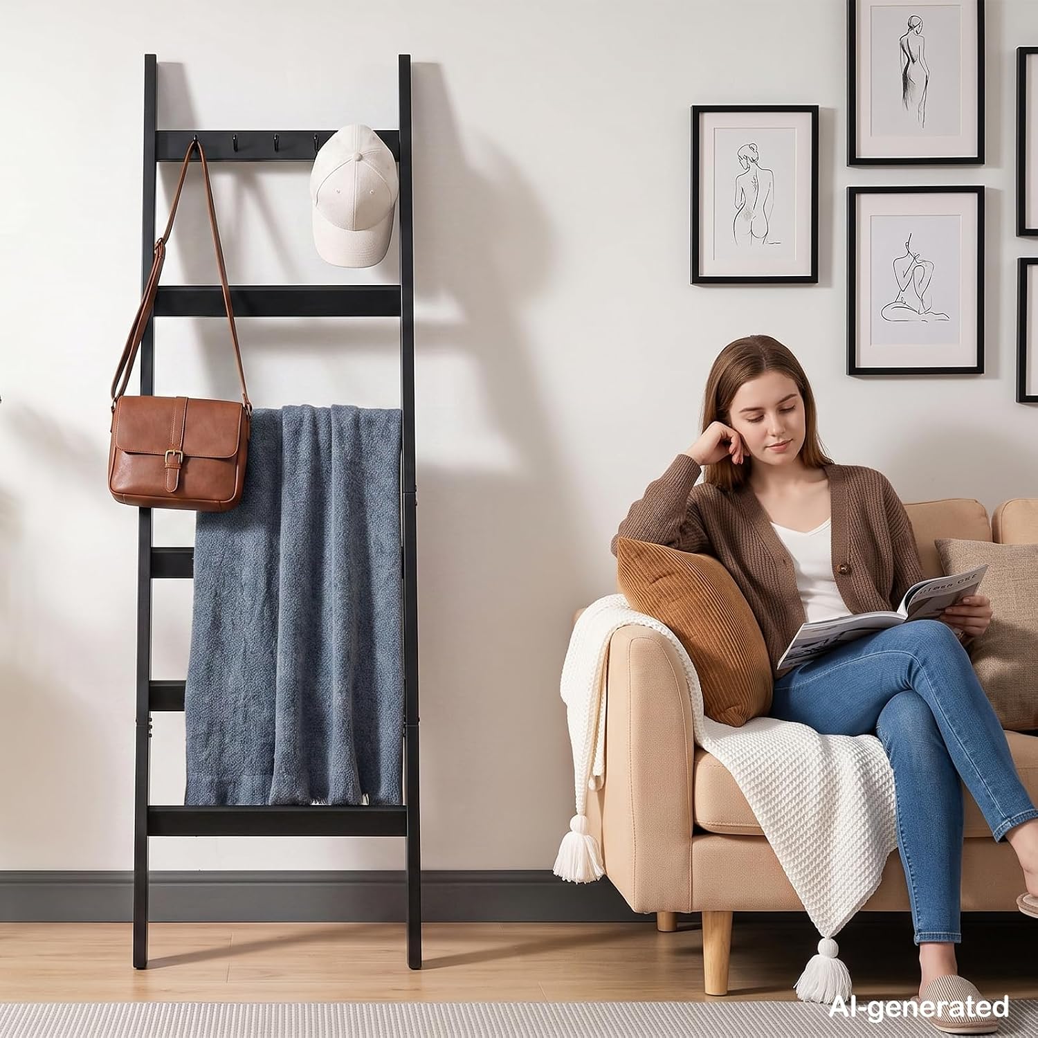 TEAKMAMA 6-Tier 5.4ft Blanket Ladder with Hooks Farmhouse Black | Wall Leaning Solid Wood Quilt Rack, Scratch & Slip Resistant, Living Room Bedroom Bathroom, Christmas Decor, Quick Setup