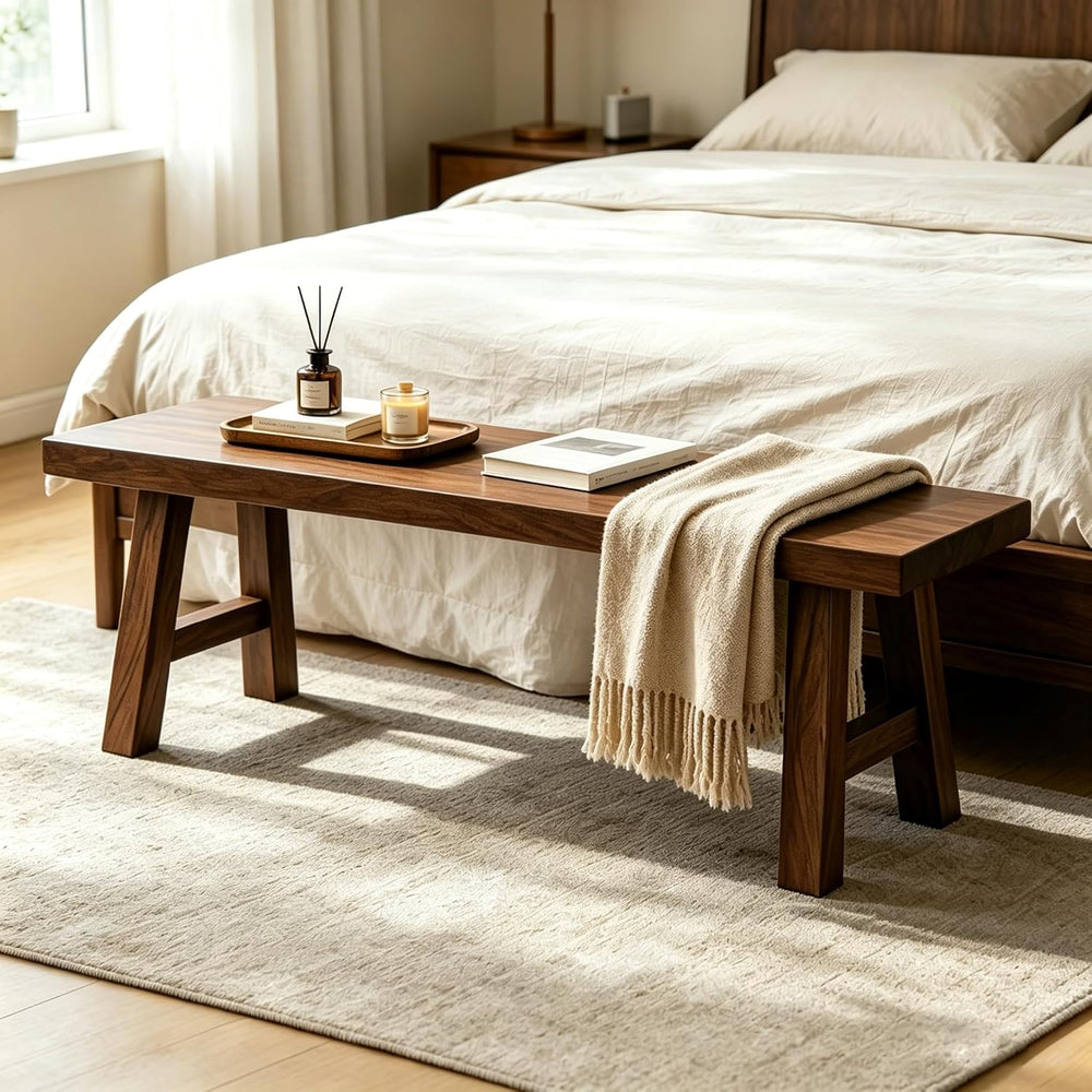 Solid Wood Bench, Rustic Farmhouse Entryway Bench, Bed Bench with Angled Legs...