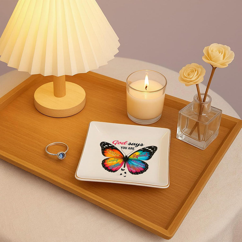 Christian Bible Verse Jewelry Dish Gift for Women, Butterfly Religious 4" Ceramic Jewelry Tray, Christian Gifts for Mom, Daughter, Friends - Birthday, Confirmation, Catholic Gift for Her, Teen Girls