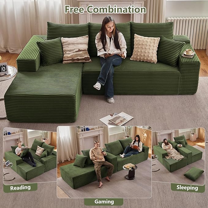 107" Cloud Sectional Couch with L-Shape Chaise, Modern Modular Comfy Sofa with Deep Seat, Upholstered Corduroy Couches Sleeper Chaise Longue for Living Room Bedroom, No Assembly Required, Green
