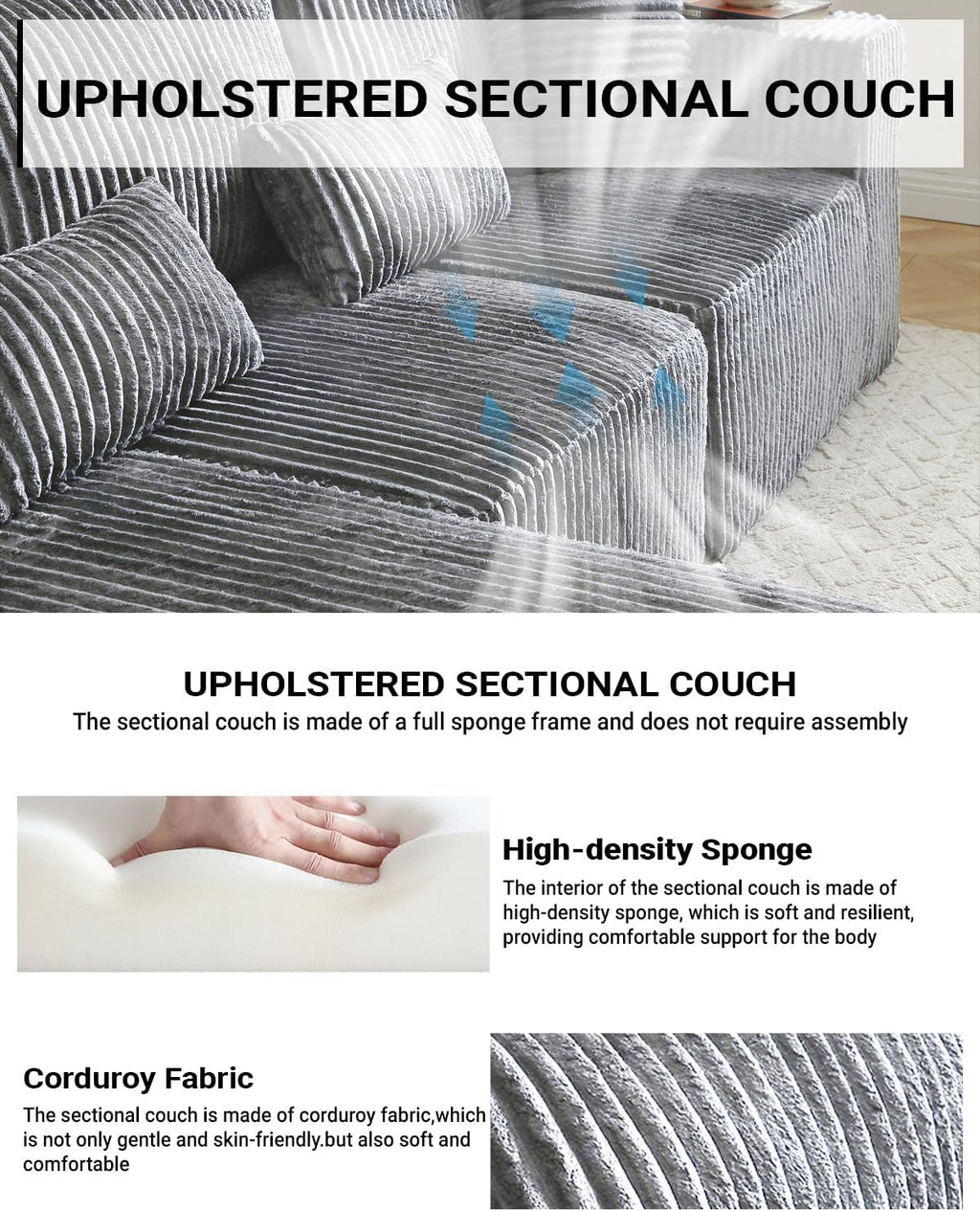 Cloud Sectional Couch, 110 Inch Modern Modular Sectional Sofa with Deep Seat, Corduroy Boneless Couches with L-Shape Left Chaise for Living Room Bedroom, No Assembly Required