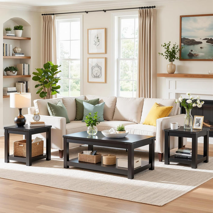 Homieasy 3-Piece Living Room Table Set: Coffee Table & 2 End Tables, Black